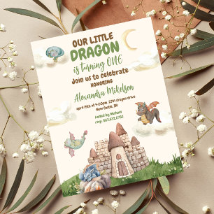 Invitación Cute acuarela Dragón Bebé Primer cumpleaños