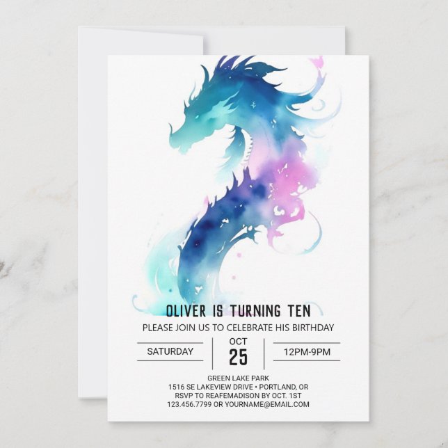 Invitación Cute acuarela Dragon Fantasy Cumpleaños (Anverso)
