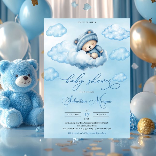 Invitación Cute acuarela durmiente oso de peluche sobre la nu (boy baby shower invitation with sleeping teddy bear)