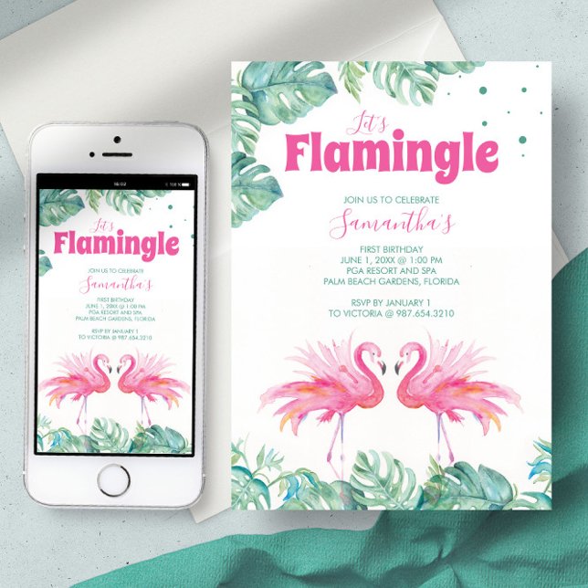 Invitación Cute acuarela Flamingo Fiesta de Cumpleaños (First birthday tropical pink flamingo palm leaves watercolor art by Victoria Grigaliunas)