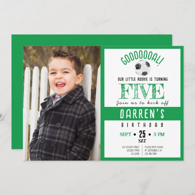 Invitación Cute acuarela Fútbol Foto Aniversario Verde (Anverso / Reverso)