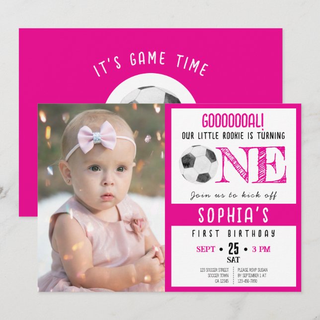 Invitación Cute acuarela Fútbol Foto rosa Primer cumpleaños (Anverso / Reverso)