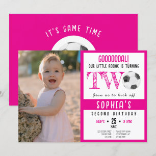 Invitación Cute acuarela Fútbol Foto Rosa Segundo Cumpleaños