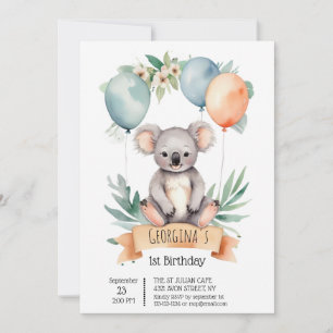 Invitación Cute acuarela Koala con globos de cumpleaños