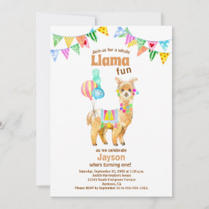Invitación Cute acuarela Llama Diversión Primer cumpleaños In