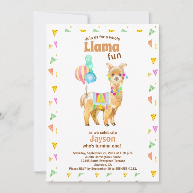 Invitación Cute acuarela Llama Diversión Primer cumpleaños In (Anverso)