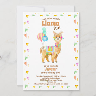 Invitación Cute acuarela Llama Diversión Primer cumpleaños In