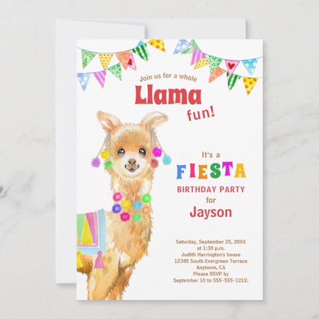 Invitación Cute acuarela Llama Fiesta de cumpleaños (Anverso)
