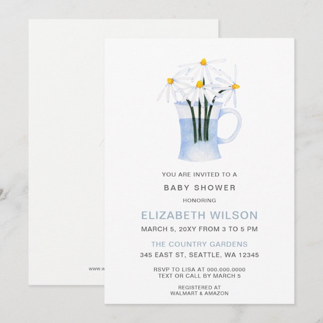 Invitación Cute acuarela margarita género Baby Shower neutro (Anverso / Reverso)