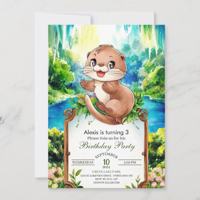 Invitación Cute acuarela Otter Cumpleaños (Anverso)