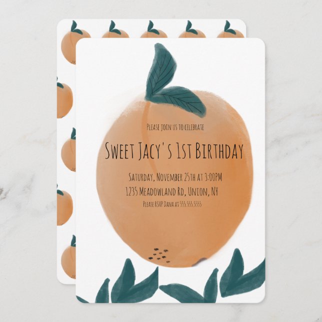 Invitación Cute acuarela Peach Sweet Birthday (Anverso / Reverso)
