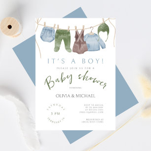 Invitación Cute acuarela Pequeño Ropa de Chico Baby Shower