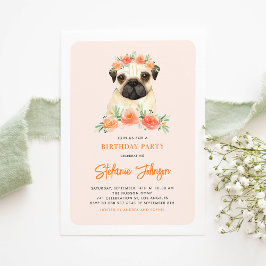 Invitación Cute acuarela Pug Peach Floral Kids Cumpleaños