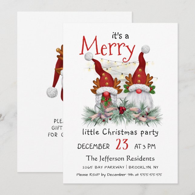 Invitación Cute acuarela Red Gnomes Fiesta de pequeños Navida (Anverso / Reverso)