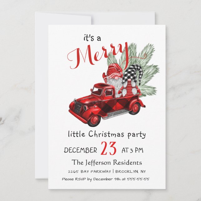 Invitación Cute acuarela Red Gnomes Fiesta de pequeños Navida (Anverso)