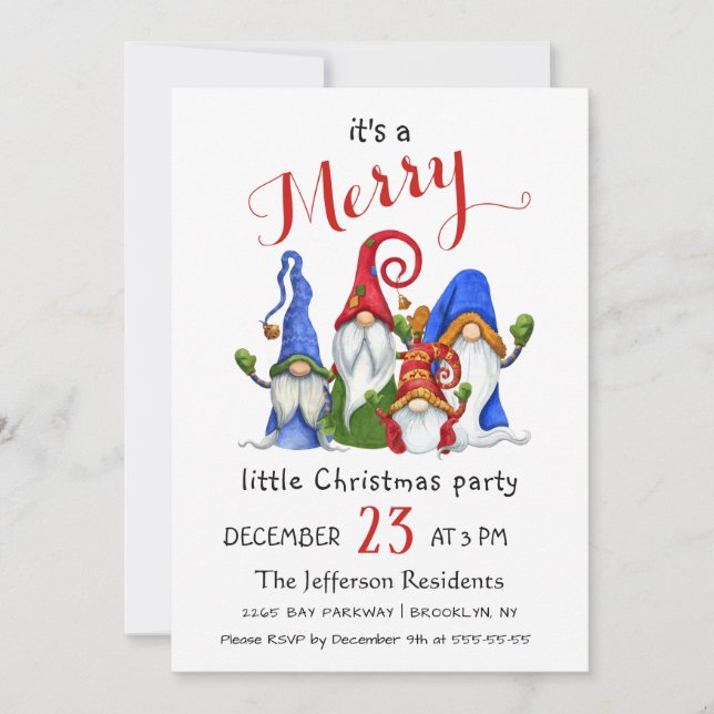 Invitación Cute acuarela Red Gnomes Fiesta de pequeños Navida (Anverso)