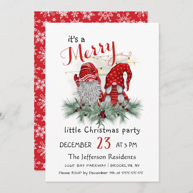 Invitación Cute acuarela Red Gnomes Fiesta de pequeños Navida (Anverso / Reverso)