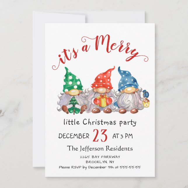 Invitación Cute acuarela Red Gnomes Fiesta de pequeños Navida (Anverso)