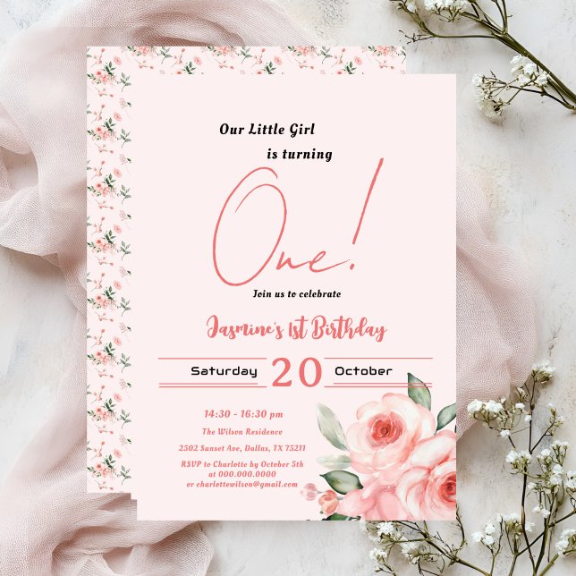 Invitación Cute acuarela Rosa Rosa Rosa Niña Primer Cumpleaño (Subido por el creador)
