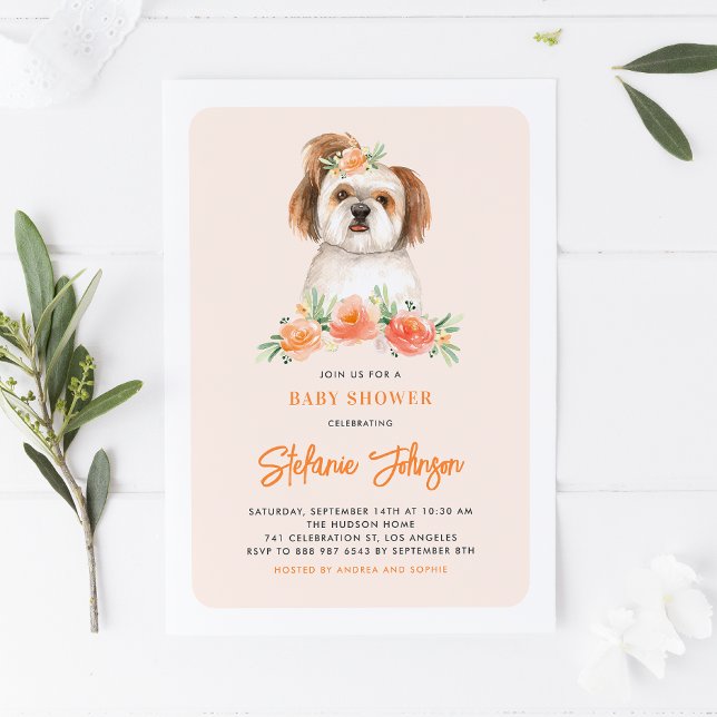Invitación Cute acuarela Shih Tzu Peach Floral Baby Shower (Subido por el creador)
