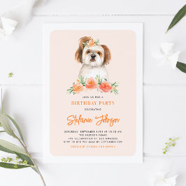 Invitación Cute acuarela Shih Tzu Peach Floral Cumpleaños