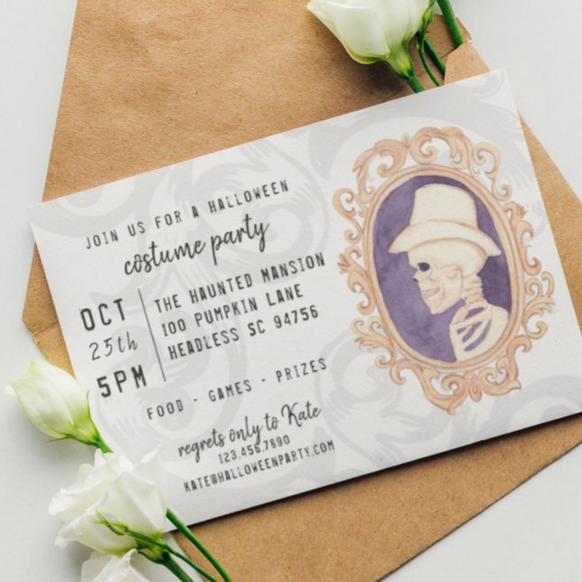 Invitación Cute acuarela Skeleton enmarcado retrato Halloween (Subido por el creador)