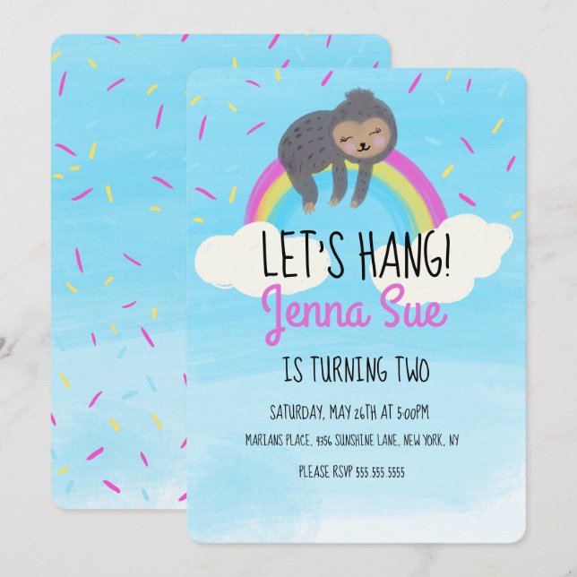 Invitación Cute acuarela Sloth Rainbow Birday Party (Anverso / Reverso)