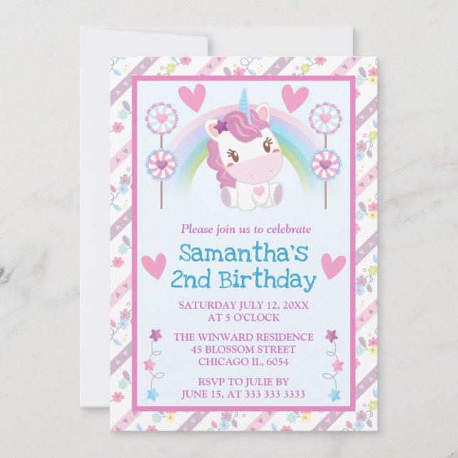 Invitación Cute acuarela Unicornio y cumpleaños arcoiris (Anverso)