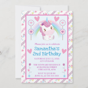 Invitación Cute acuarela Unicornio y cumpleaños arcoiris