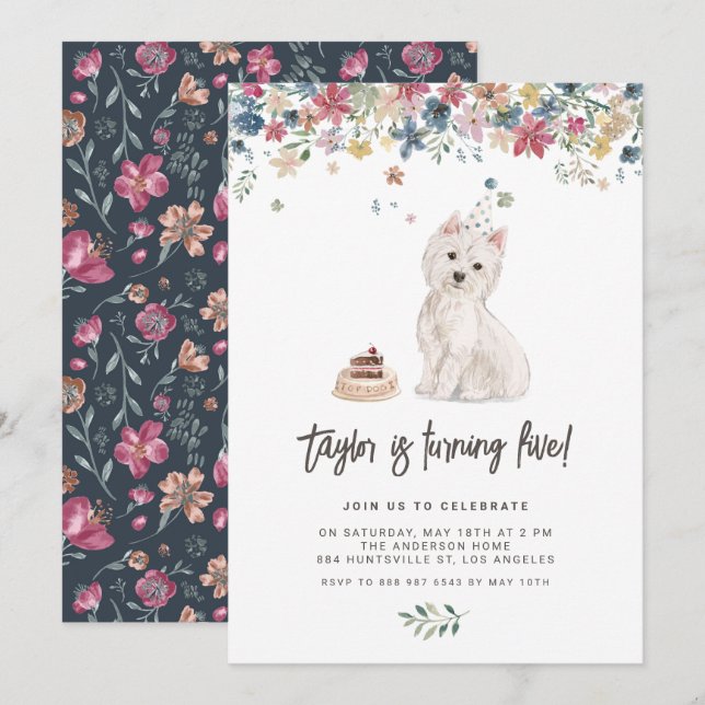 Invitación Cute acuarela Westie Floral Niños Fiesta de cumple (Anverso / Reverso)
