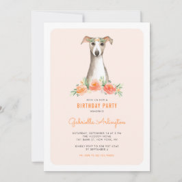 Invitación Cute acuarela Whippet Peach Floral Kids Cumpleaños