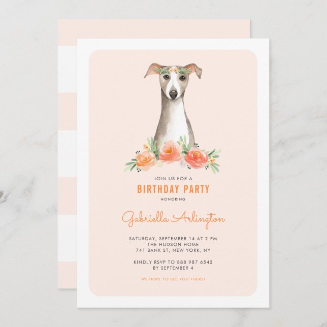 Invitación Cute acuarela Whippet Peach Floral Kids Cumpleaños (Anverso / Reverso)