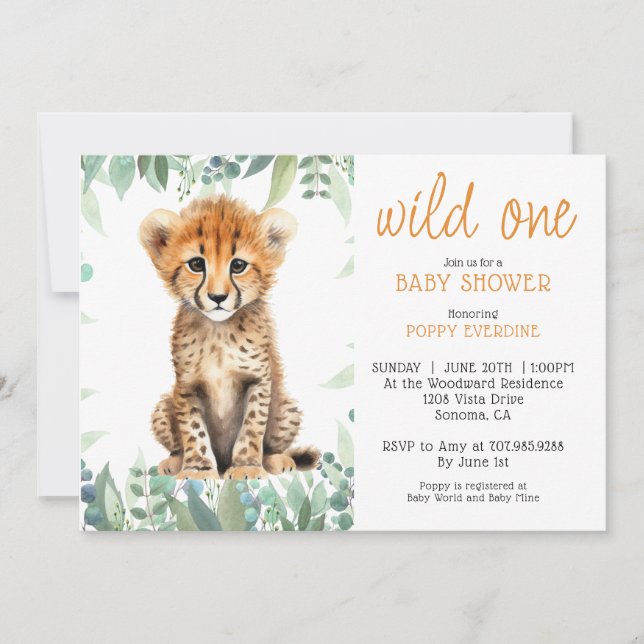 Invitación Cute acuarela Wild One Cheetah Baby Shower (Anverso)