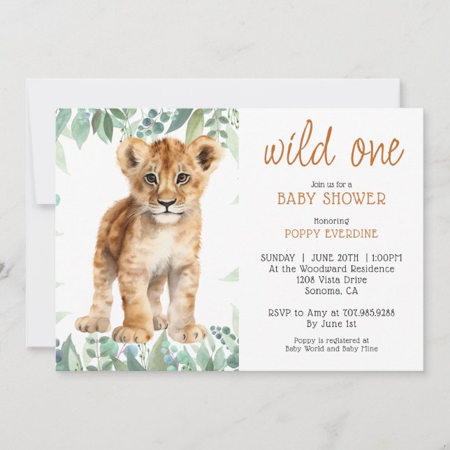 Invitación Cute acuarela Wild One Lion Cub Baby Shower (Anverso)