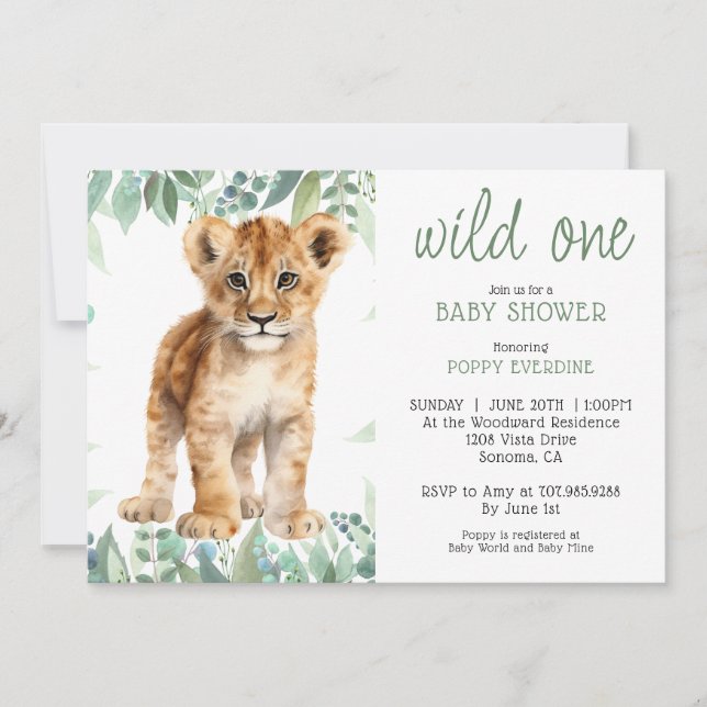 Invitación Cute acuarela Wild One Lion Cub Baby Shower (Anverso)