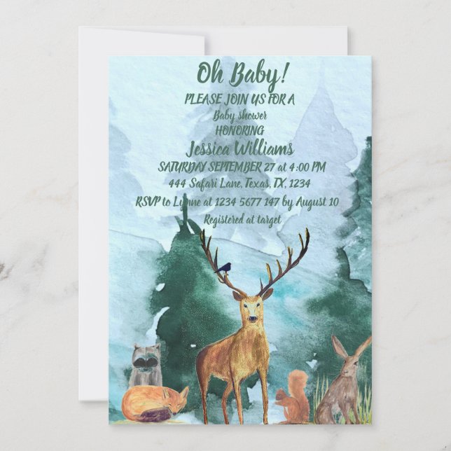 Invitación Cute acuarela Woodland Animales Bebé ducha (Anverso)