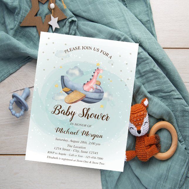 Invitación Cute Adorable Dino Airplane Stars Baby Shower (Subido por el creador)