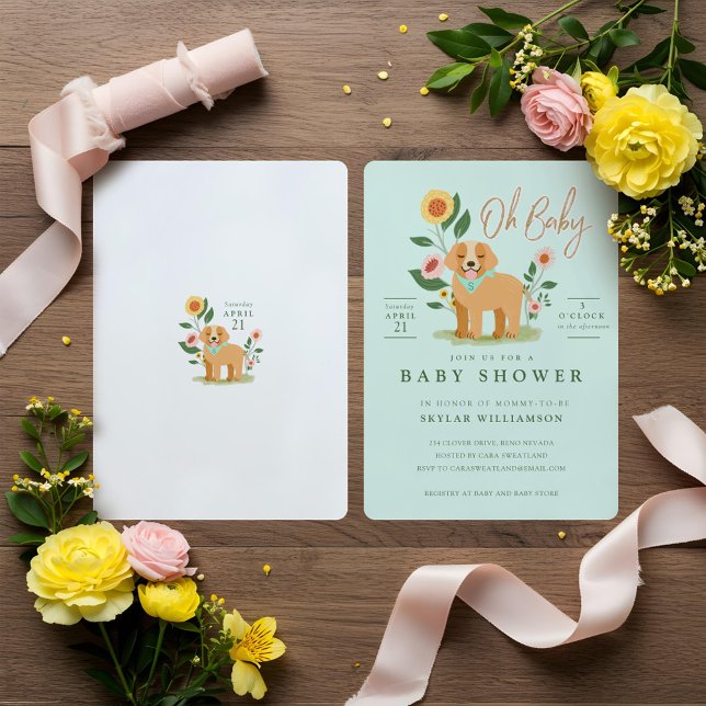 Invitación Cute Adorable Floral Golden Retriever Baby Shower (Cute Adorable Floral Golden Retriever Baby Shower Invitation)