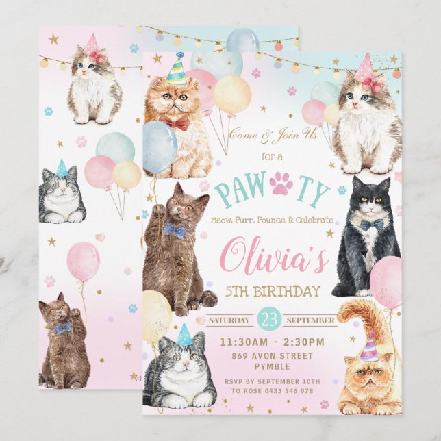Invitación Cute Adorable Pawty Cats Balloons Fiesta de cumple (Anverso / Reverso)
