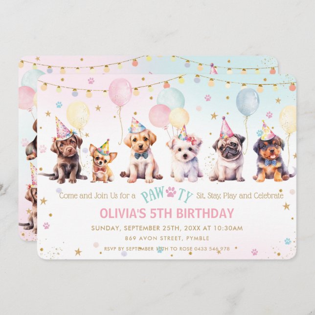 Invitación Cute Adorable Pawty Dog Puppy fiesta de cumpleaños (Anverso / Reverso)