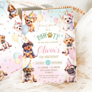 Invitación Cute Adorable Pawty Dogs Balloons Fiesta de cumple