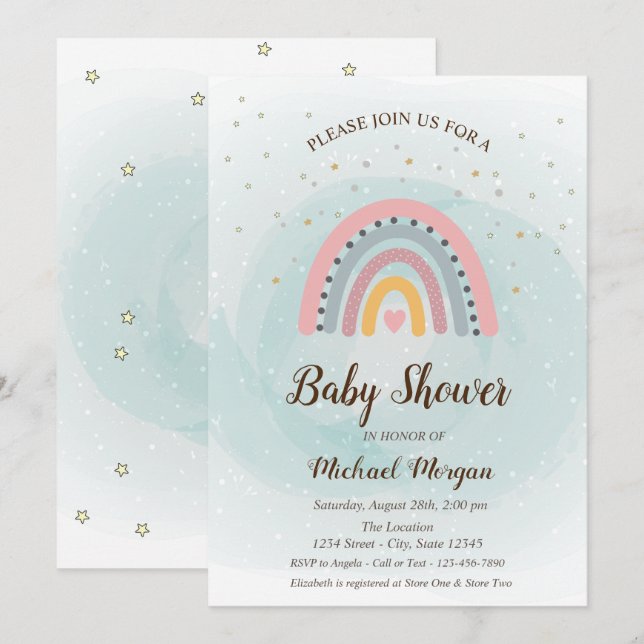 Invitación Cute Adorable Rainbow Stars Baby Shower (Anverso / Reverso)