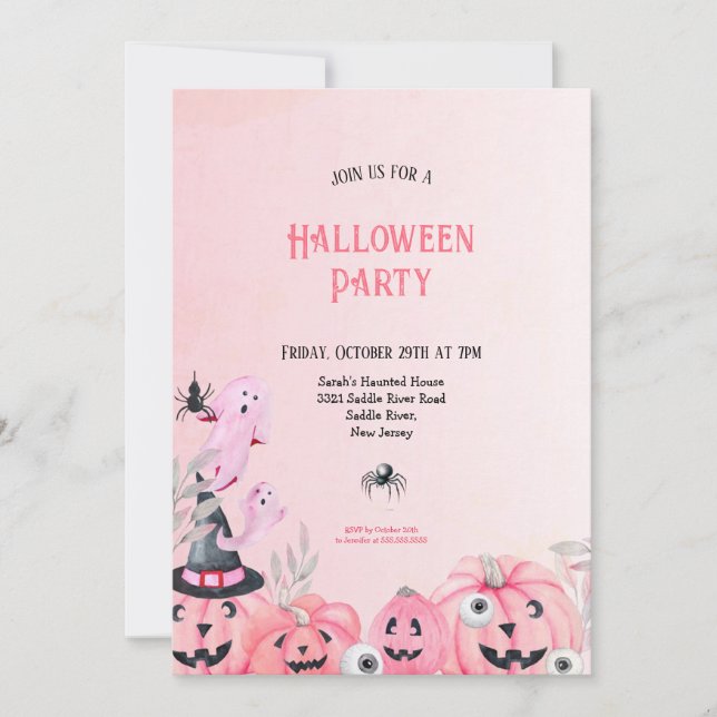 INVITACIÓN CUTE ADULTOS Y NIÑOS PINK HALLOWEB PARTY (Anverso)