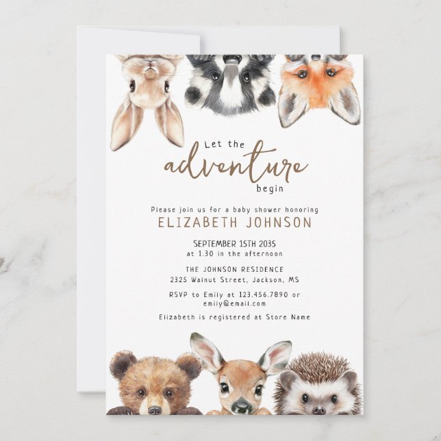 Invitación Cute Adventure Forest Woodland Animals Baby Shower (Anverso)