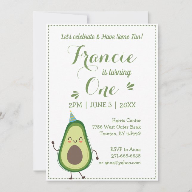 Invitación Cute Aguacate Personaliza 1er cumpleaños White BG (Anverso)