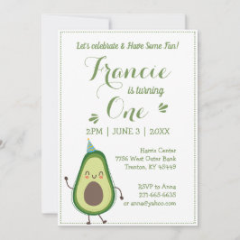 Invitación Cute Aguacate Personaliza 1er cumpleaños White BG