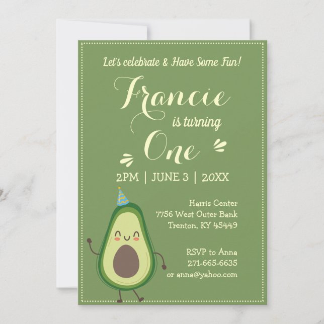 Invitación Cute aguacate personaliza el colorido primer cumpl (Anverso)