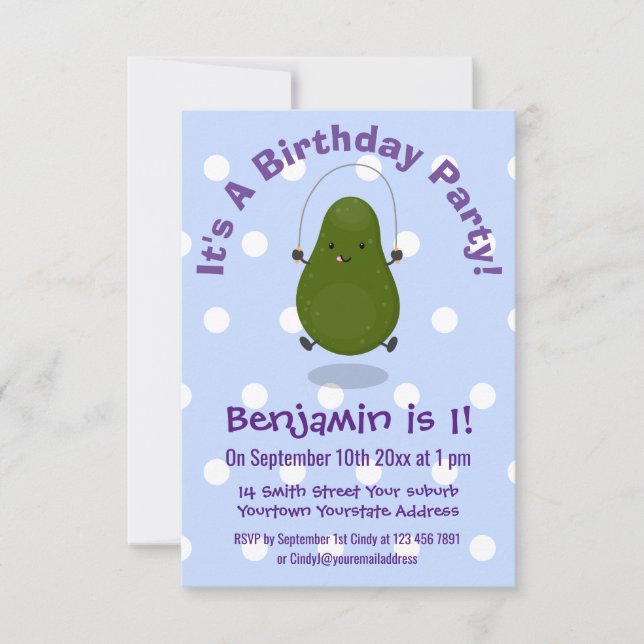 Invitación Cute aguacate salto cuerda personalizado ilustraci (Anverso)
