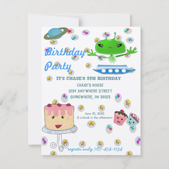 Invitación Cute aliens verdes del espacio exterior con nave e (Anverso)