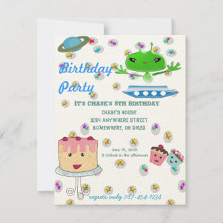Invitación Cute aliens verdes del espacio exterior con nave e